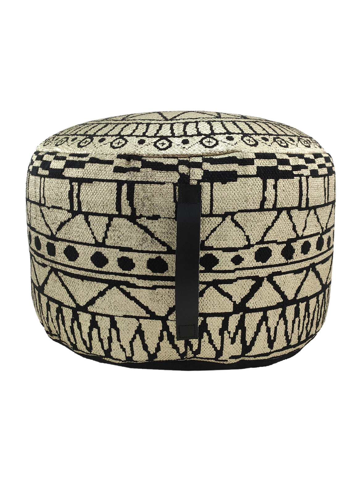 Handmade cotton pouf PF-093 in black and gold tones, featuring a sleek leather handle for easy portability.