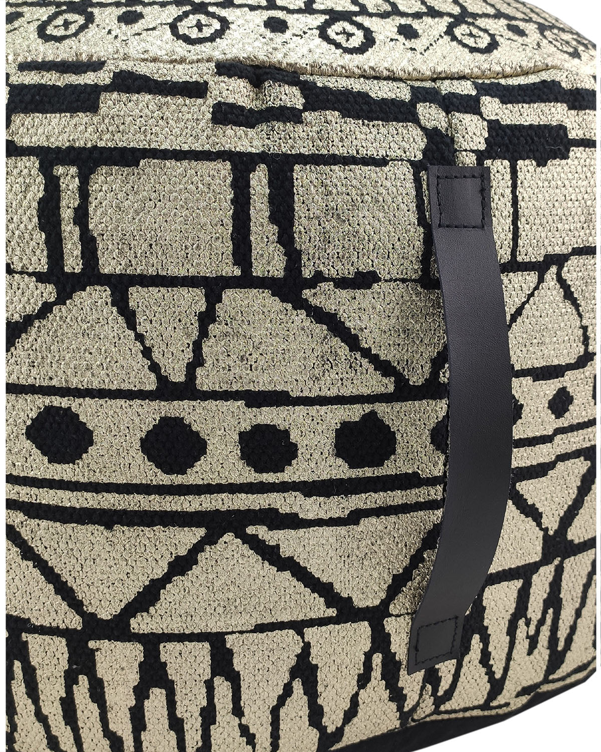 Close-up view of black and gold cotton pouf highlighting its textured fabric and premium leather handle.