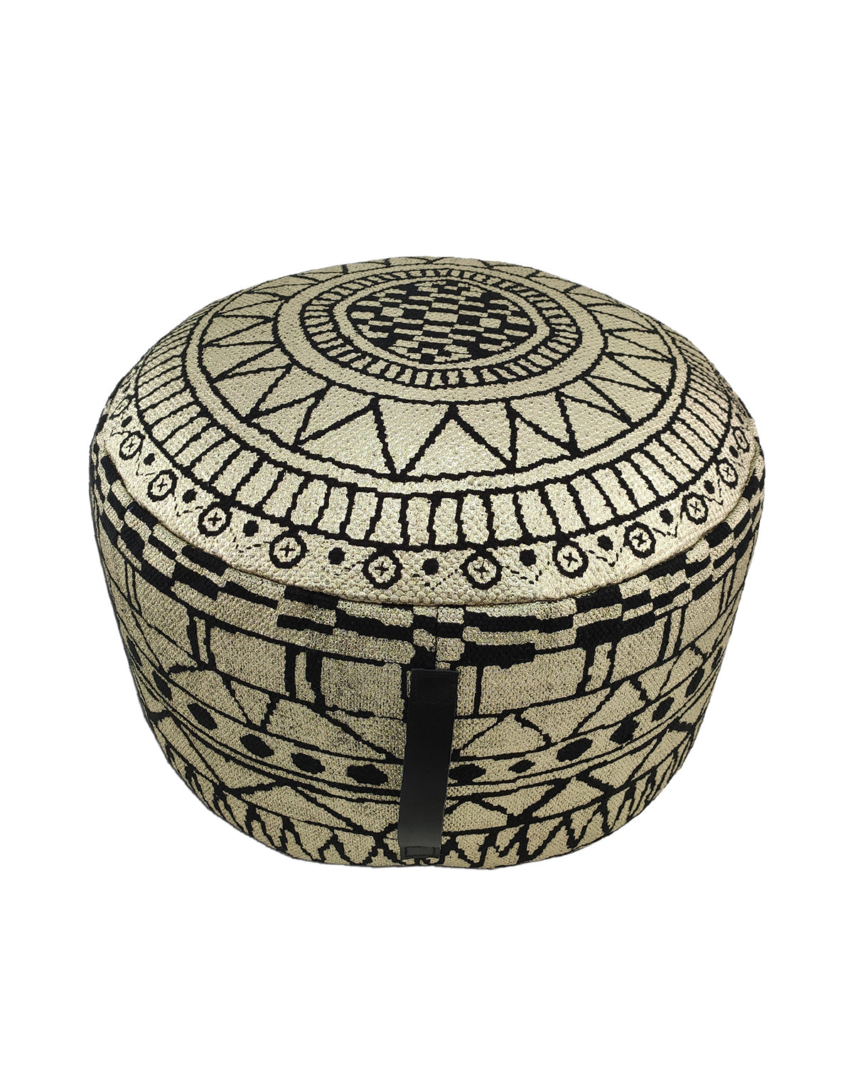 Handmade cotton pouf PF-093 in black and gold tones, featuring a sleek leather handle for easy portability.