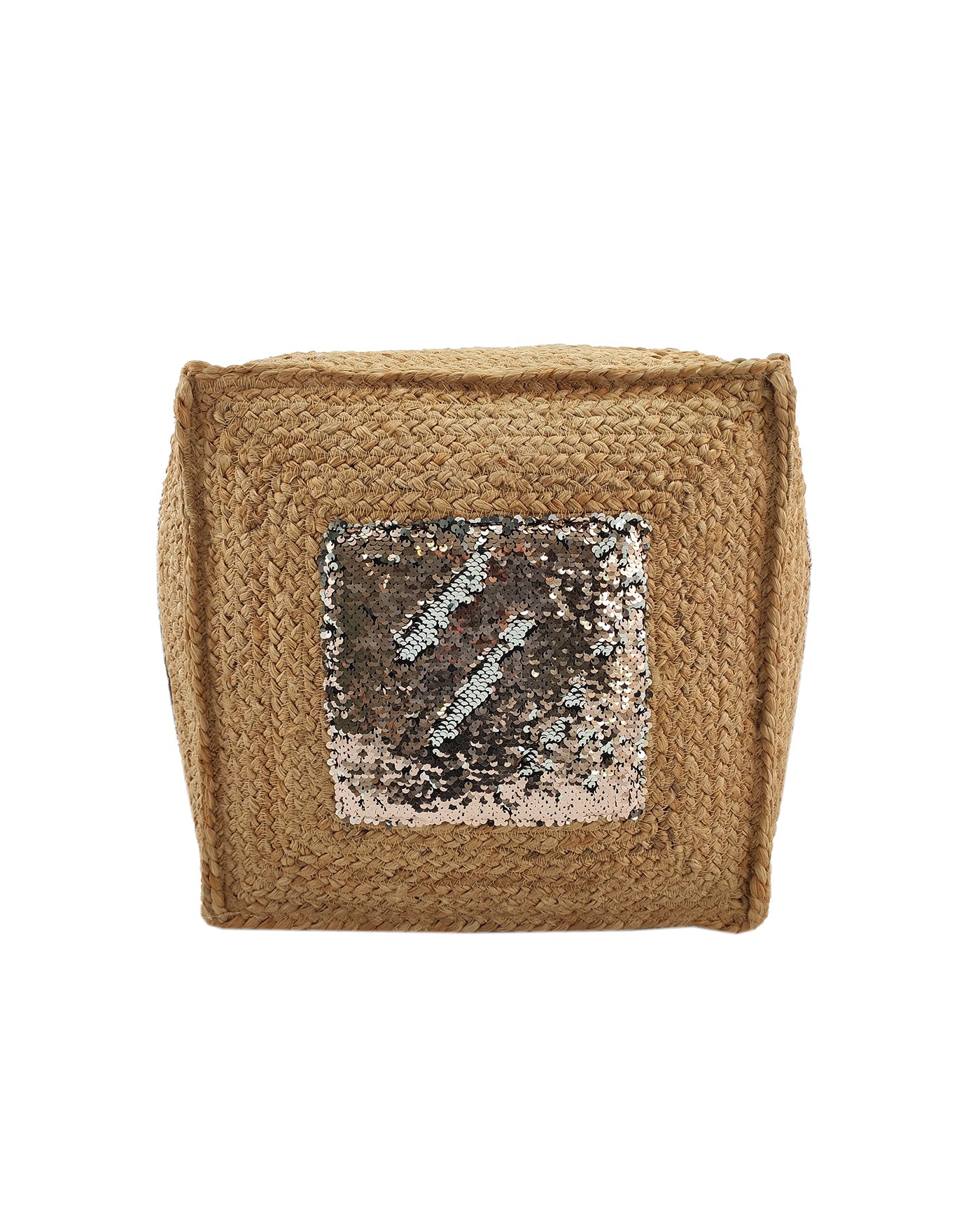 Handmade Jute And Sequence Pouf PF-097 featuring a natural jute texture with shimmering sequin accents, adding rustic elegance to home decor.