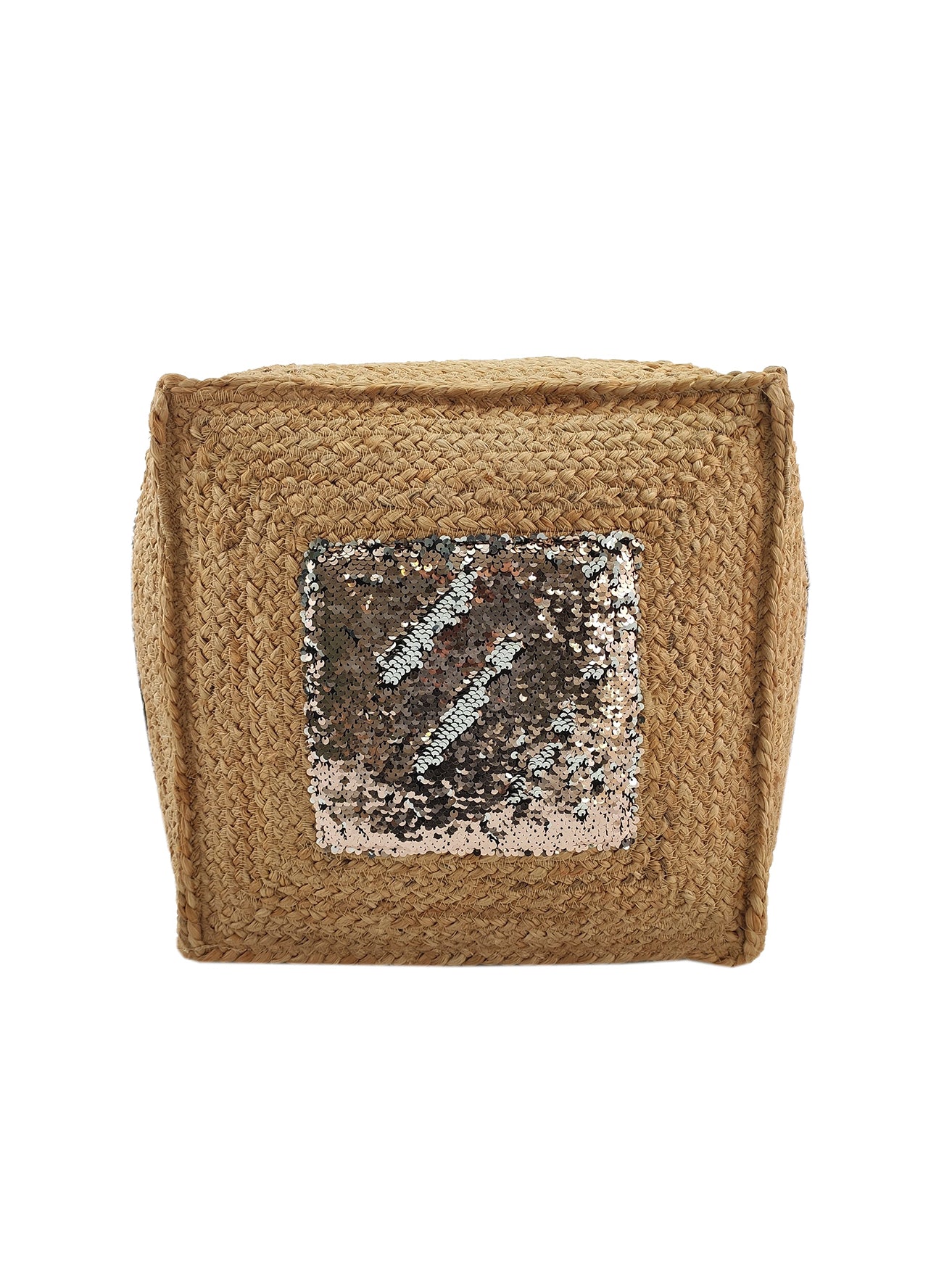 Handmade Jute And Sequence Pouf PF-097 featuring a natural jute texture with shimmering sequin accents, adding rustic elegance to home decor.