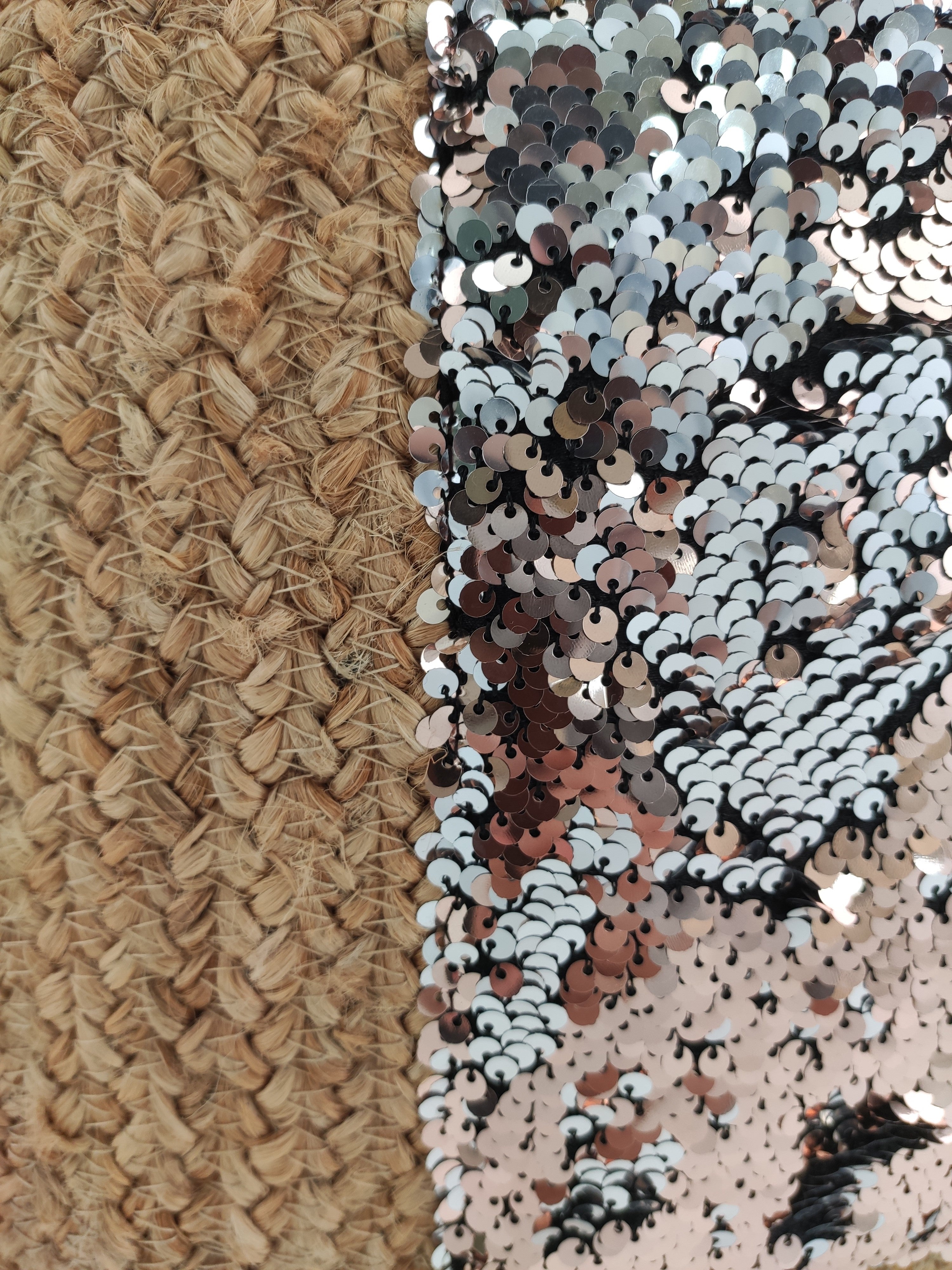 Close-up view of the Jute And Sequence Pouf PF-097 highlighting the intricate jute weave and shimmering sequin accents.