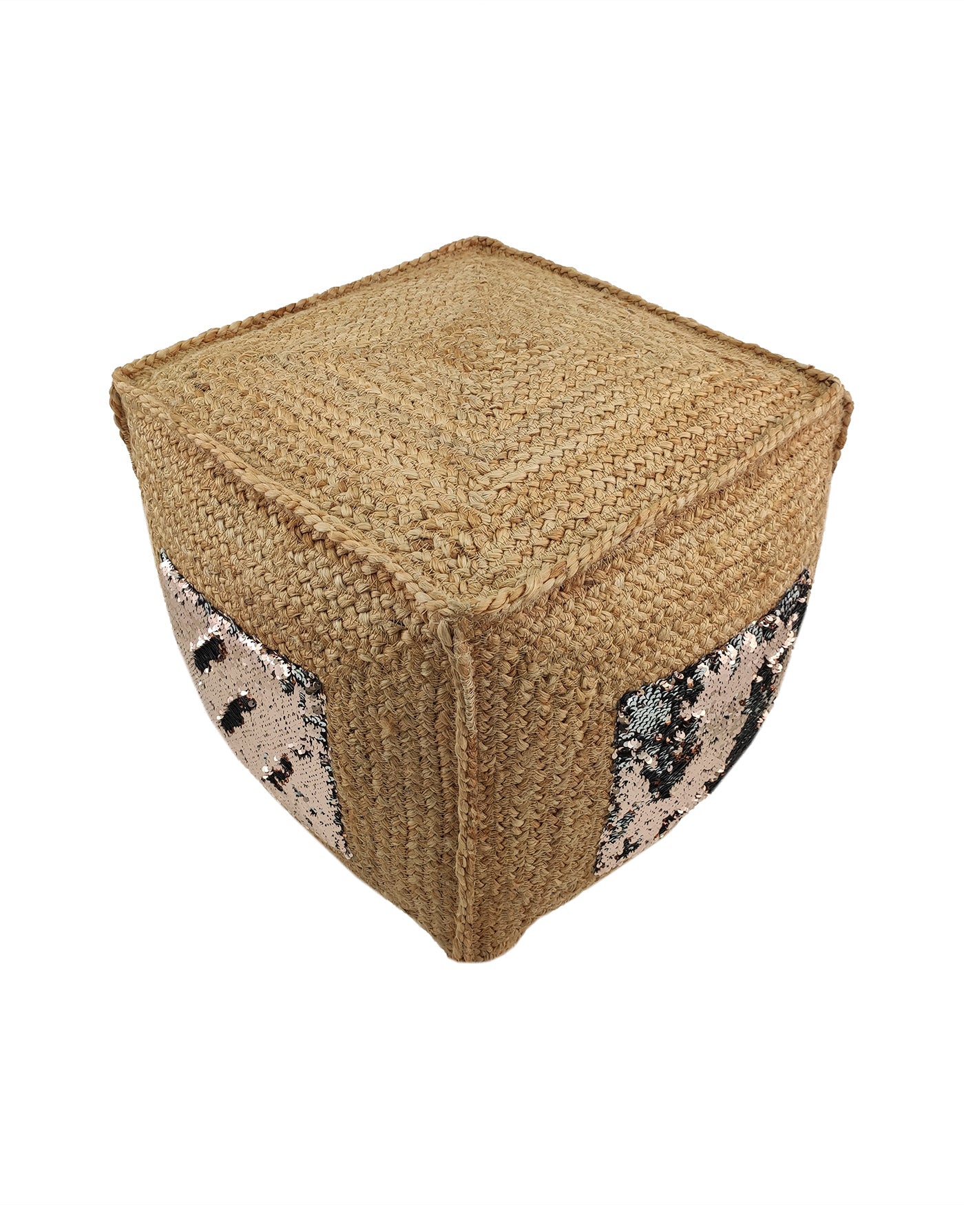 Natural jute pouf with sequin detailing, combining earthy texture and gentle shimmer for a handcrafted modern home accent.