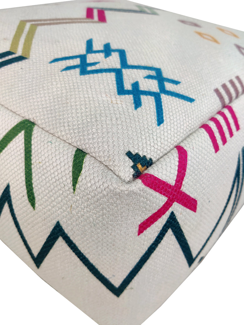 Close-up view of Multi Colored Polyester Pouf PF-103 showing detailed woven pattern and vibrant color texture.