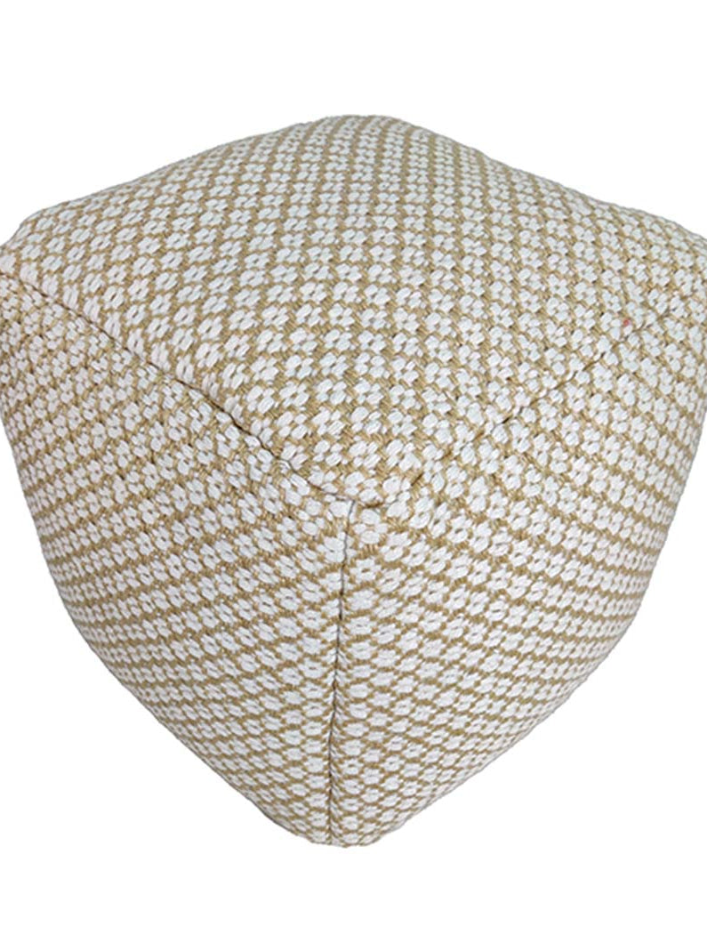 White and gold woven polyester pouf PF-106 with handmade textured pattern and cylindrical design