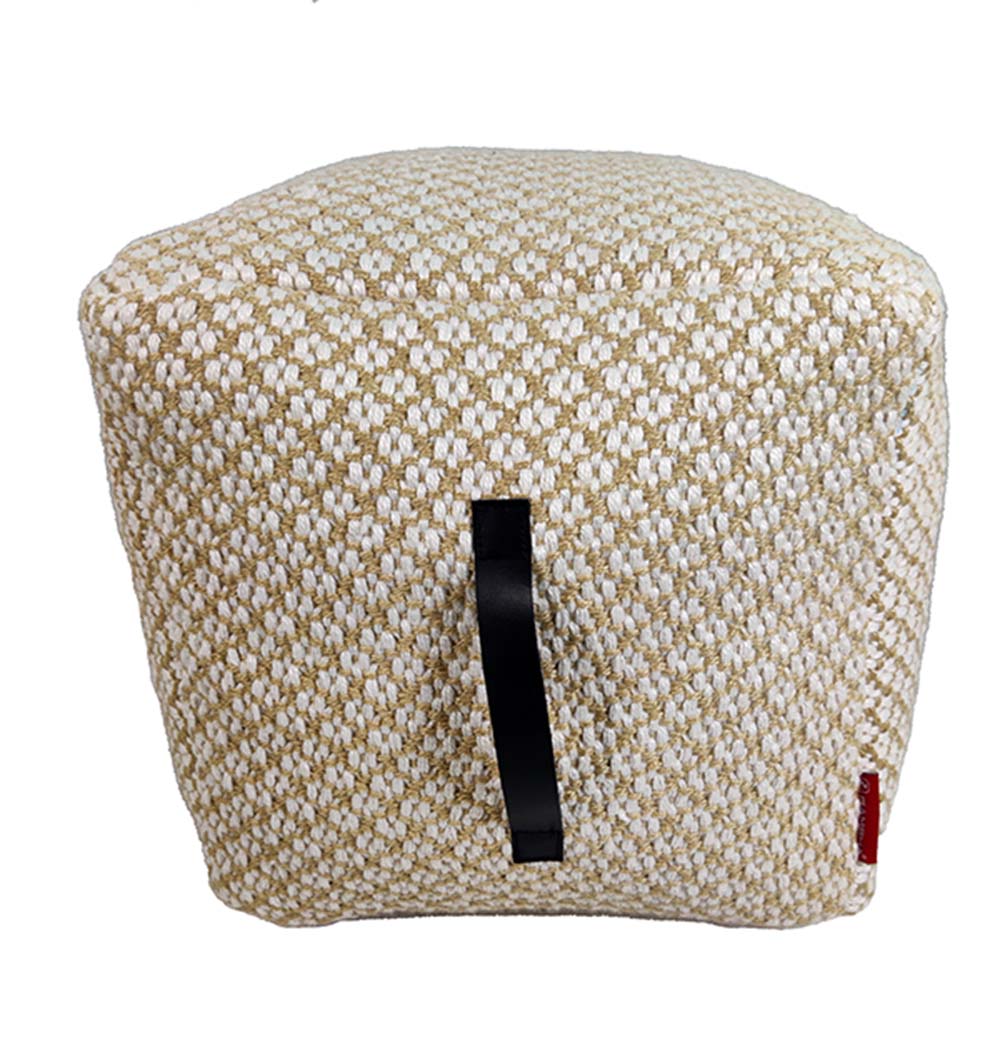 Side view of white and gold woven polyester pouf PF-106 showing handmade weave pattern and cylindrical shape for modern home decor