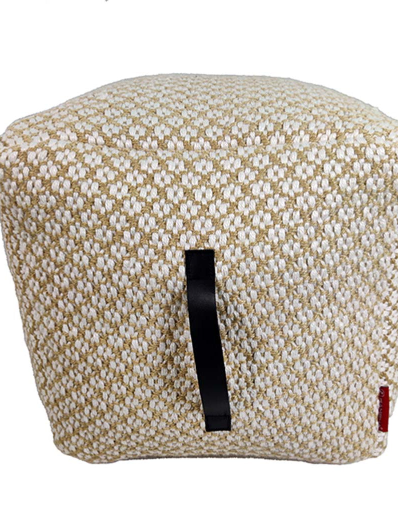 Side view of white and gold woven polyester pouf PF-106 showing handmade weave pattern and cylindrical shape for modern home decor