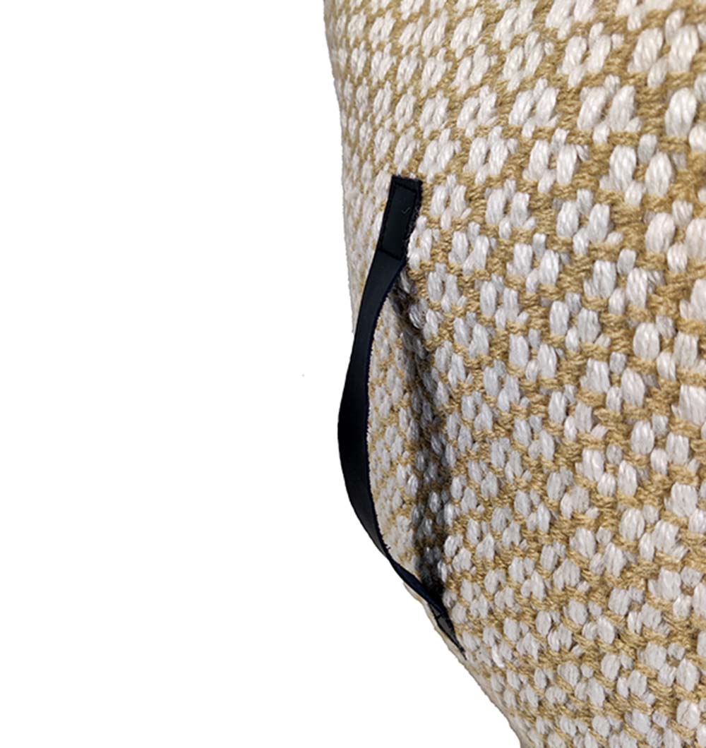 Detailed close-up of white and gold woven polyester pouf PF-106 showing fine handcrafted weave and smooth texture