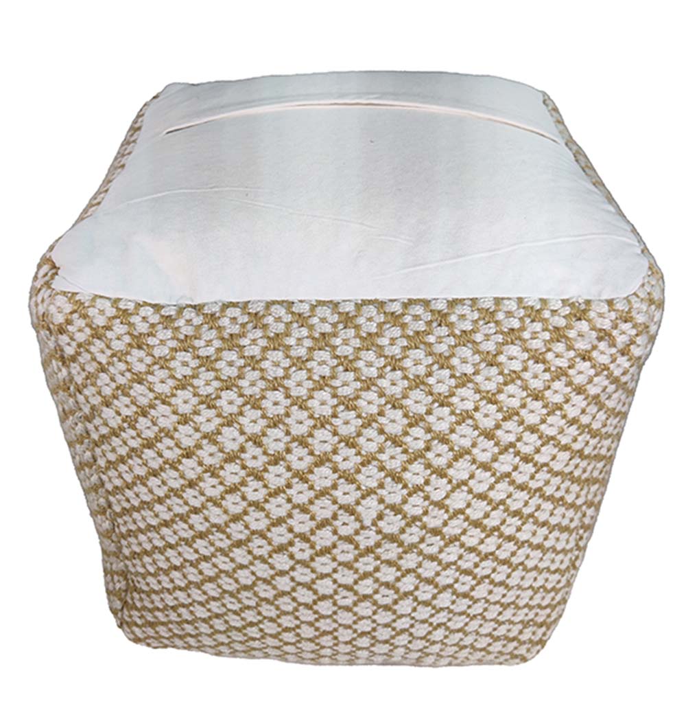 Top view of handmade white and gold polyester pouf PF-106 showcasing round woven design and intricate detailing
