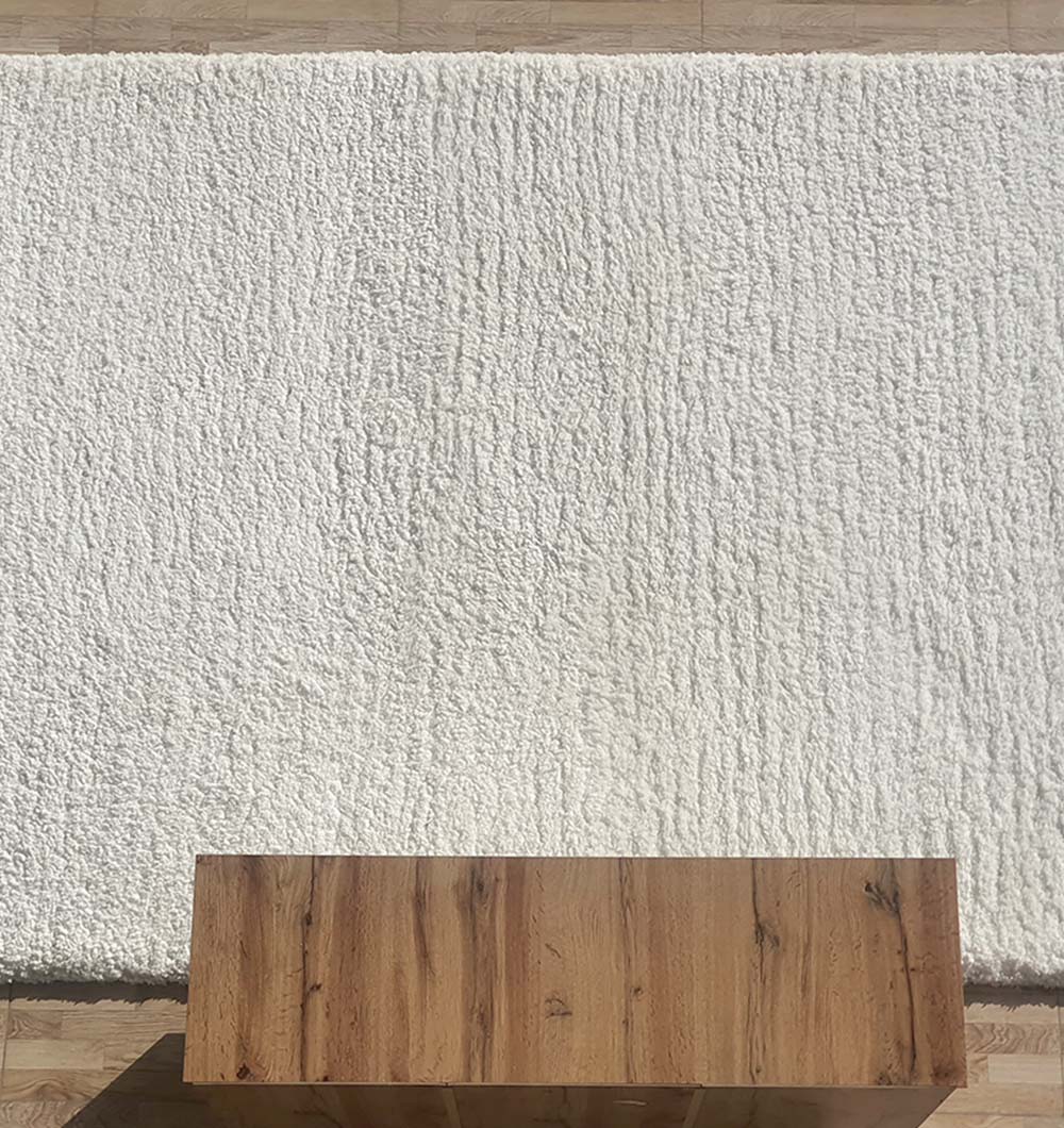 Top view of the white shaggy runner rug, showcasing its thick pile and soft plush texture for hallways or entryways.