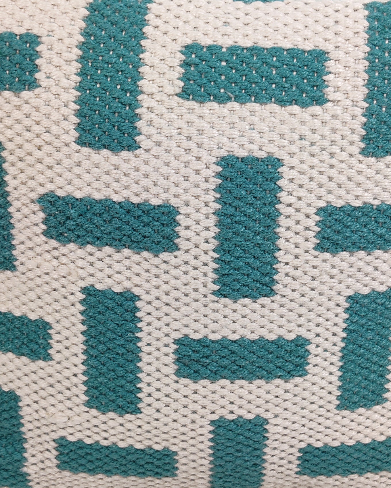 Close-up of light blue and cream pouf PF-112 showing woven polyester fabric and texture