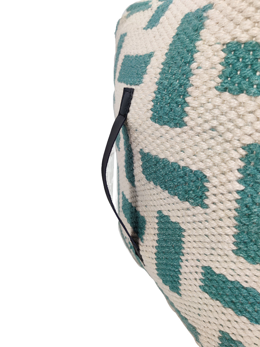 Handcrafted pouf PF-112 close-up showcasing light blue and cream woven fabric and cushion