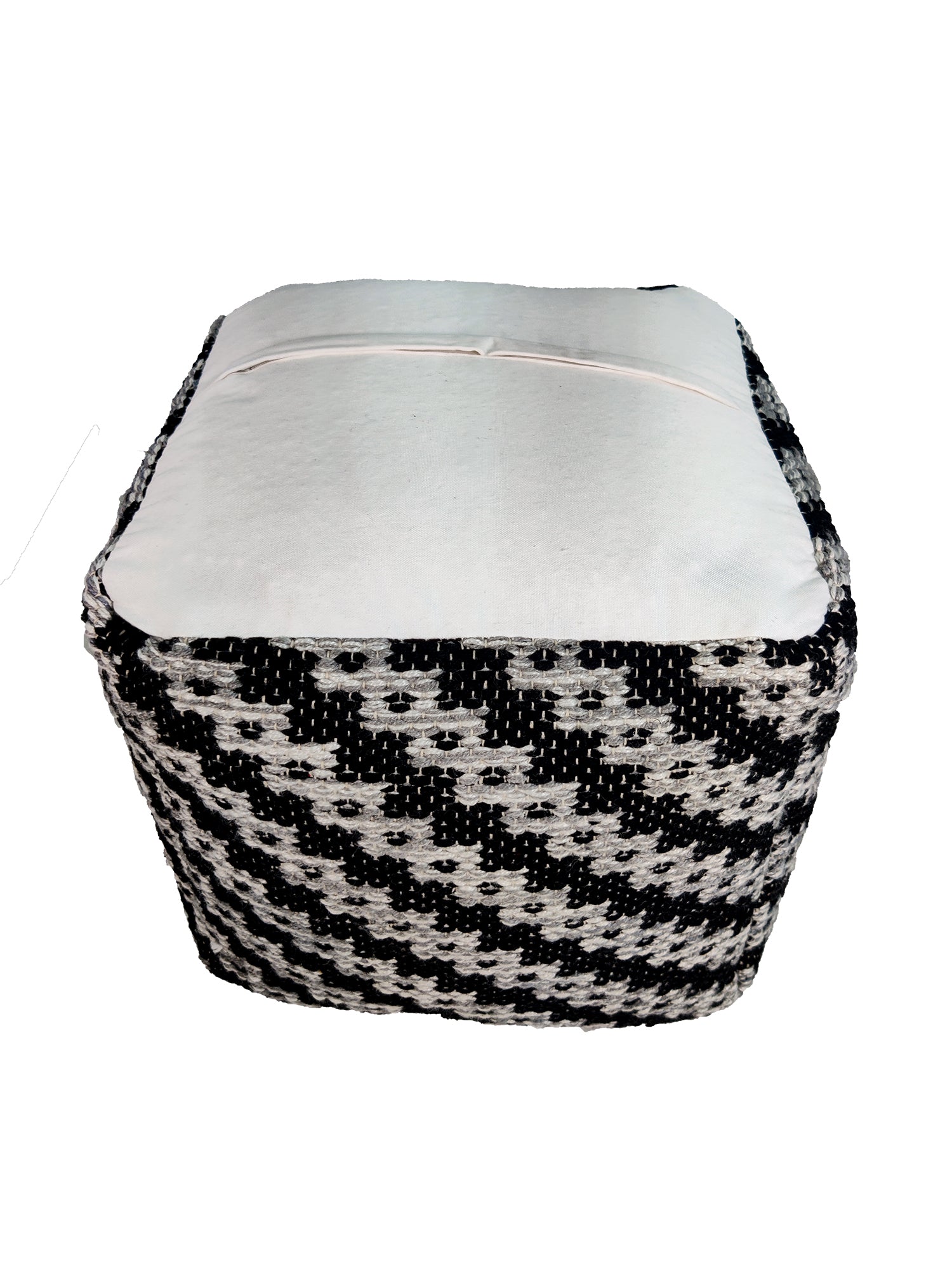 Back view of black and grey pouf PF-113 showing woven polyester fabric and cushion top