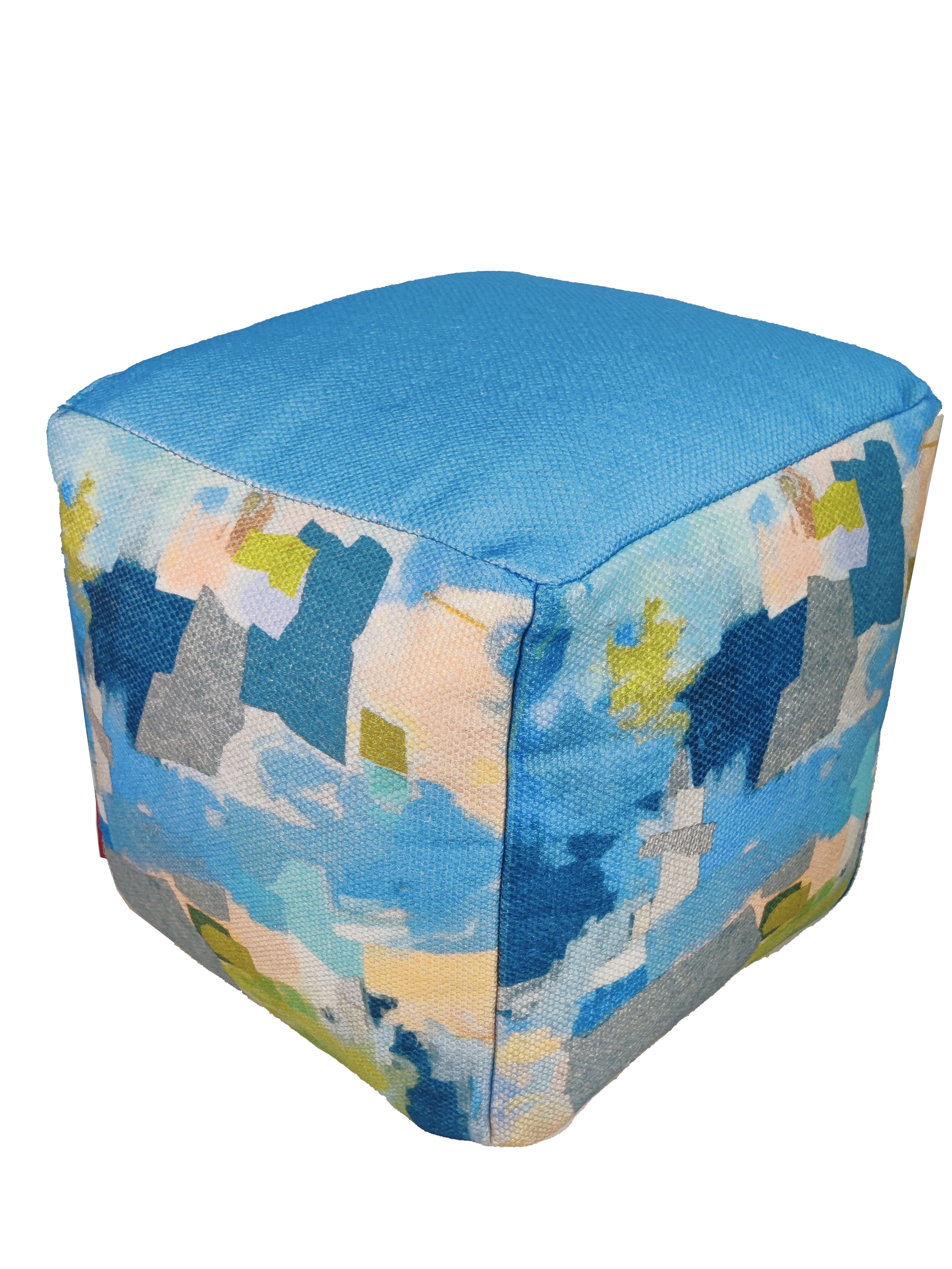 Lightweight handmade PF-114 pouf with colorful polyester fabric and cushion top