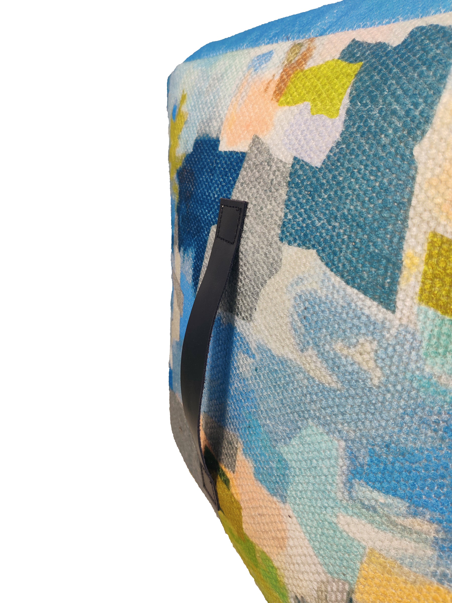 Detailed view of handmade pouf PF-114 highlighting colorful pattern and craftsmanship