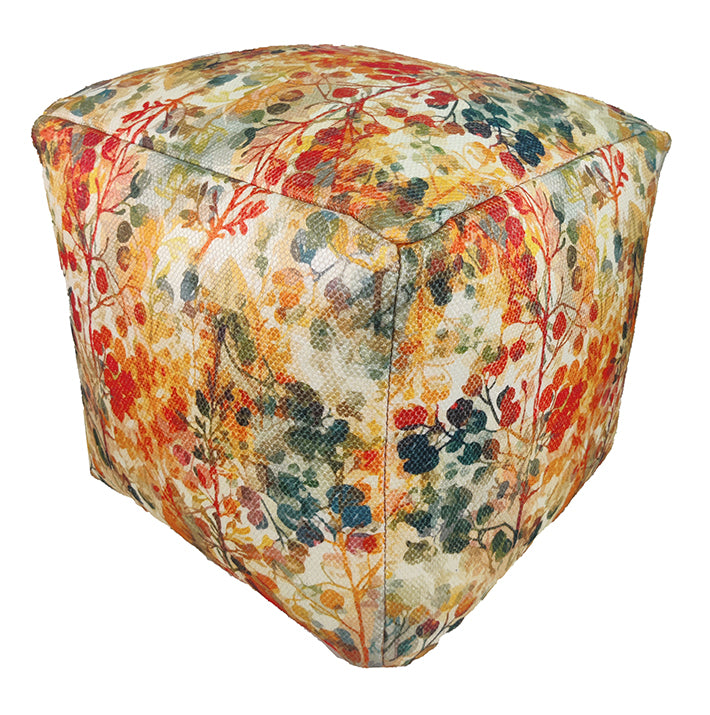 Red multi-colored pouf with 100% polyester cover and thermocol filling