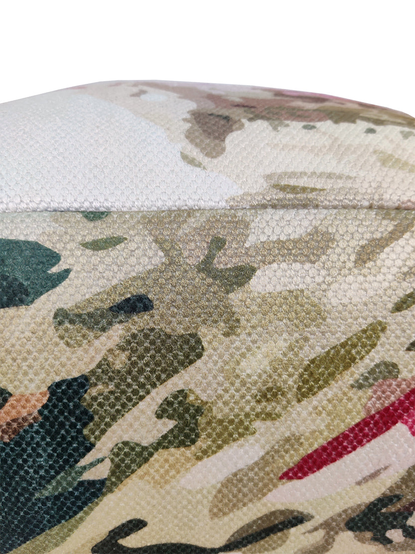 Close-up of PF-122 pouf showing vibrant printed polyester fabric and handle